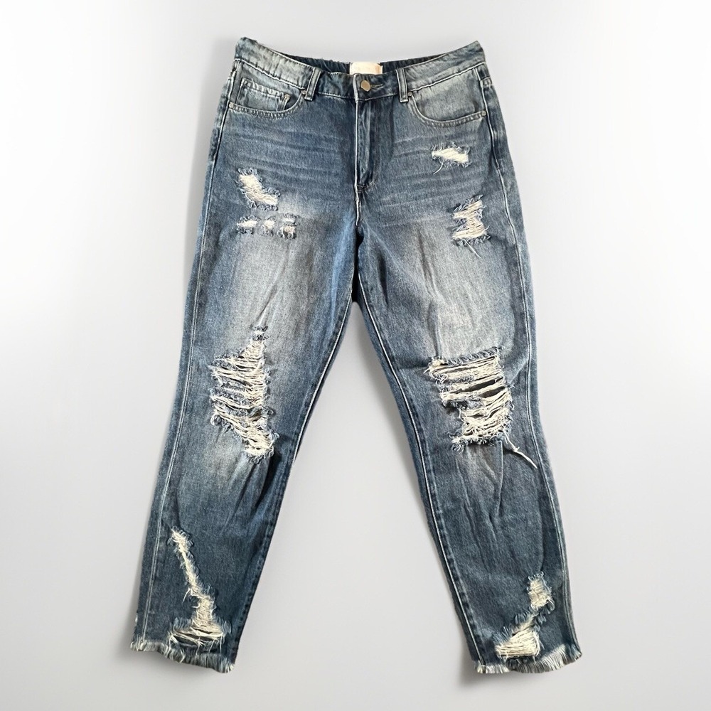 Petra 153 Distressed High-Rise‎ Straight Leg Frayed Cotton Denim Jeans Size 9/28